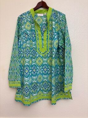Bellissima Kim Gravel Tunic Top 1X Blue Green Geometric Print Long Sleeve Boho